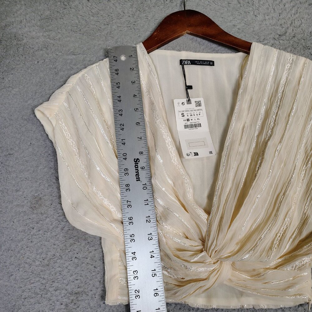 Zara Crop Top Women's Small Cream Striped Shimmer Knotted Hem Blouse Boho NWT - Picture 8 of 11